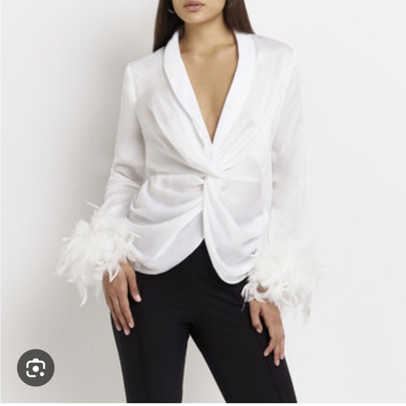 River Island White Satin V-Neck Ruched Tie Front Blouse - Picture 2 of 9